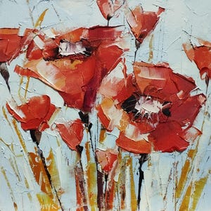 Vibrant Red Poppies Oil Painting. Handmade Flower Art. Impressionist Home Decor. Wall Art on Stretched Canvas. Flowers Impasto.