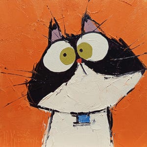 Op de afbeelding: Een grillig schilderij van een kat met grote, expressieve ogen. De kat heeft zwart-witte vacht, een blauwe kraag en een rode neus. De achtergrond is een getextureerd oranje. De handtekening van de kunstenaar en het jaar 2026 zijn zichtbaar.