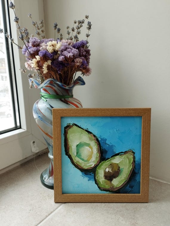 油絵風絵画　アボカド　額縁付き アボカド絵画オリジナルNo.3 - 6x6インチ - 印象派フルーツ壁装飾
