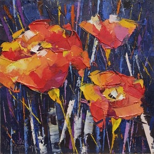 Vibrant Red Poppies Oil Painting. Handmade Flower Art. Impressionist Home Decor. Wall Art on Stretched Canvas. Flowers Impasto.