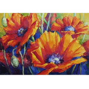 Vibrant Red Poppies Painting. Handmade Flower Art. Impressionist Home Decor. Wall Art on Stretched Canvas. Flower painting. Flowers Impasto.
