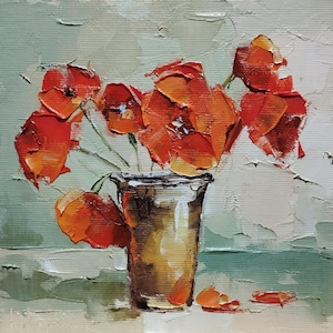 Vibrant Red Poppies Oil Painting. Handmade Flower Art. Impressionist Home Decor. Wall Art on Stretched Canvas. Flowers Impasto.