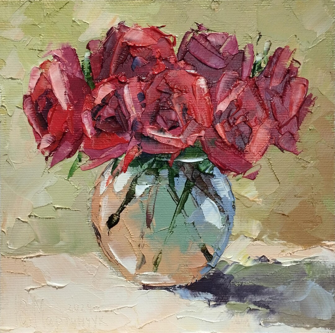Red Roses Original Oil Painting 6x6", Handmade Impasto Flower Wall Art ...