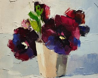 Violets Original Oil Painting 6x6", Handmade Impasto Flower Wall Art, Spring Home Decor.