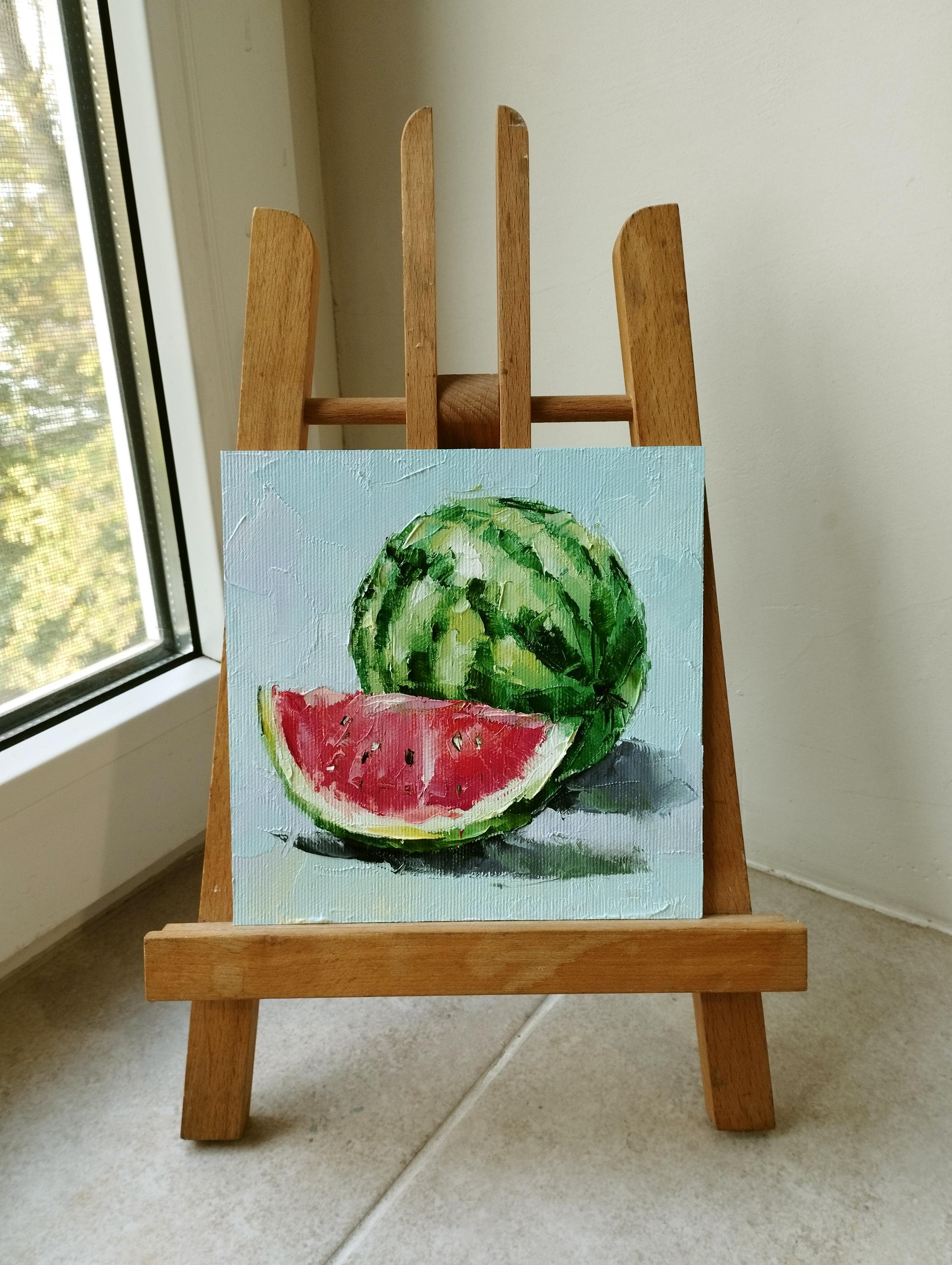 スイカの油絵、オリジナル小型印象派アート（6×6インチ）。ミニマルな