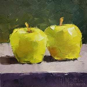 Vibrant Yellow Apples Original Oil Painting. Handmade Apples Art. Impressionist Home Decor. Minimalist apples art Small painting with fruits