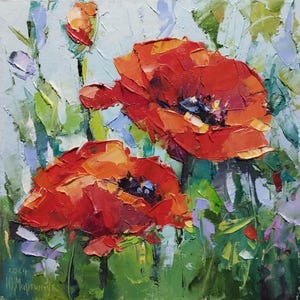 Vibrant Red Poppies Painting. Handmade Flower Art. Impressionist Home Decor. Wall Art on Stretched Canvas. Flower painting. Flowers Impasto.