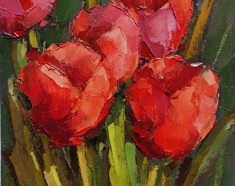 Dipinto a olio originale "Tulipani rossi", arte floreale in impasto realizzata a mano, arredamento impressionista per la casa. 6x6"