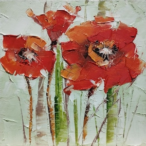 Vibrant Red Poppies Oil Painting. Handmade Flower Art. Impressionist Home Decor. Wall Art on Stretched Canvas. Flowers Impasto.