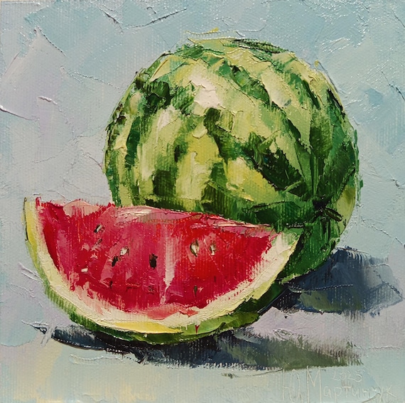 昔のスイカの絵画 油絵 水彩画 清夏 西瓜 スイカの絵 絵画とオリジナル