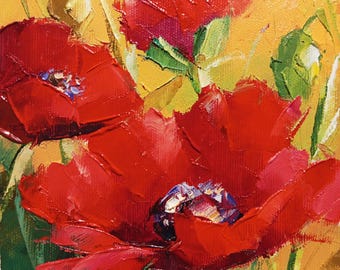 Red Poppy Field Painting Original No.1 - 6x6”-  Palette Knife Impressionist Poppies - Floral Wall Decor