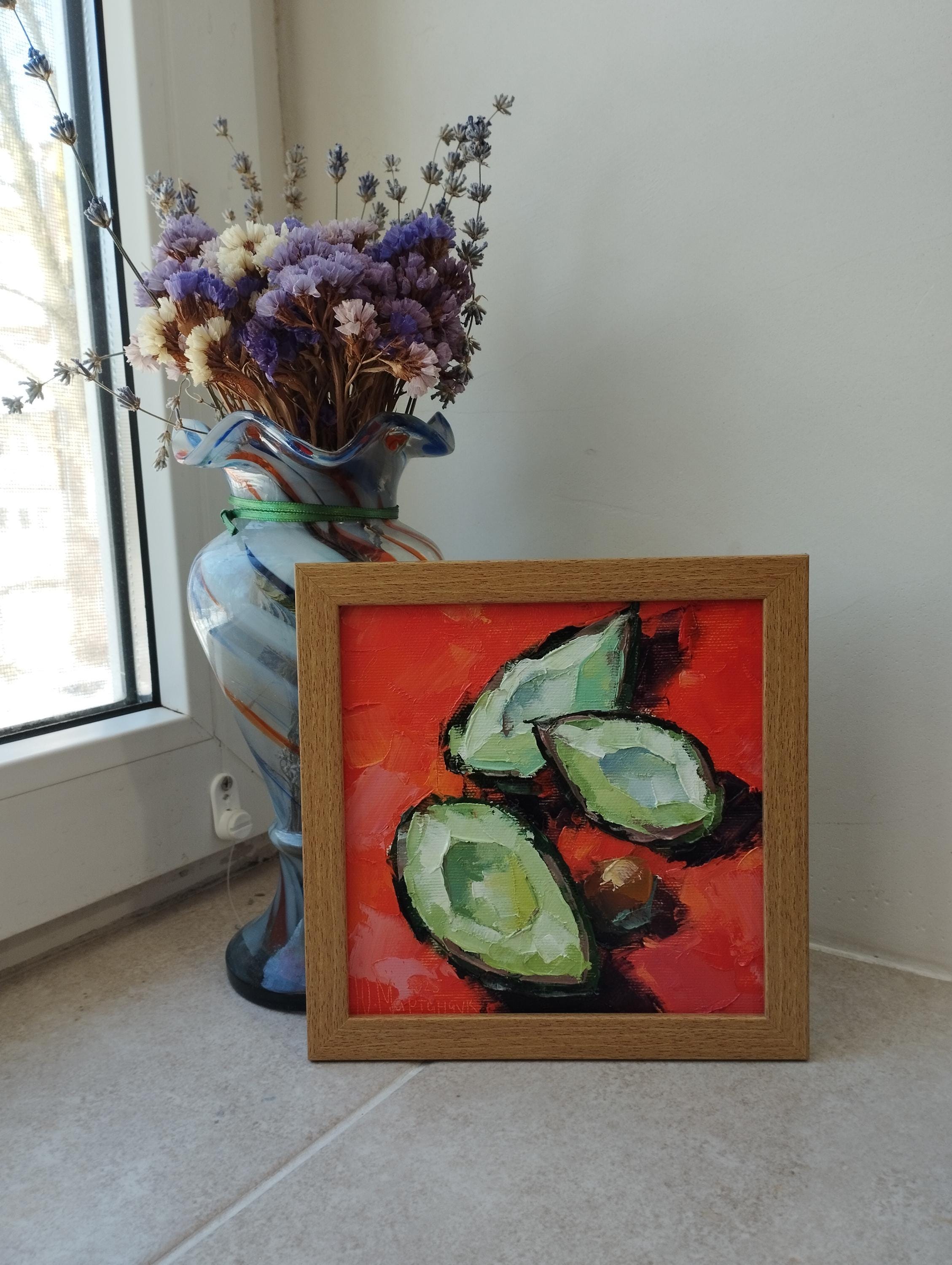 アボカドのオリジナル油絵。手作りのアボカドアート。印象派風のホーム