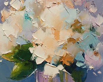 White Hydrangea Bouquet Oil Painting No.1 - 6x6” -  Impasto Floral Art - Impressionist Flower Wall Art