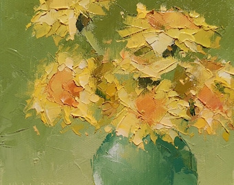 Yellow Dandelions Original Oil Painting 6x6", Handmade Impasto Wildflowers Wall Art, Spring Home Decor.