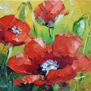 Vibrant Red Poppies Painting. Handmade Flower Art. Impressionist Home Decor. Wall Art on Stretched Canvas. Flower painting. Flowers Impasto.