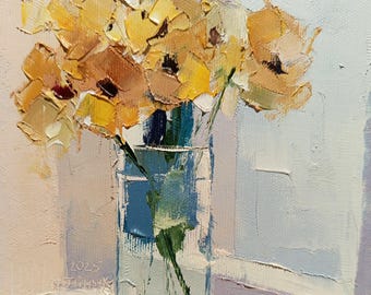 Impasto-olieverfschilderij met gele bloemen, bloemsierkunst op canvas (6 x 6 inch)