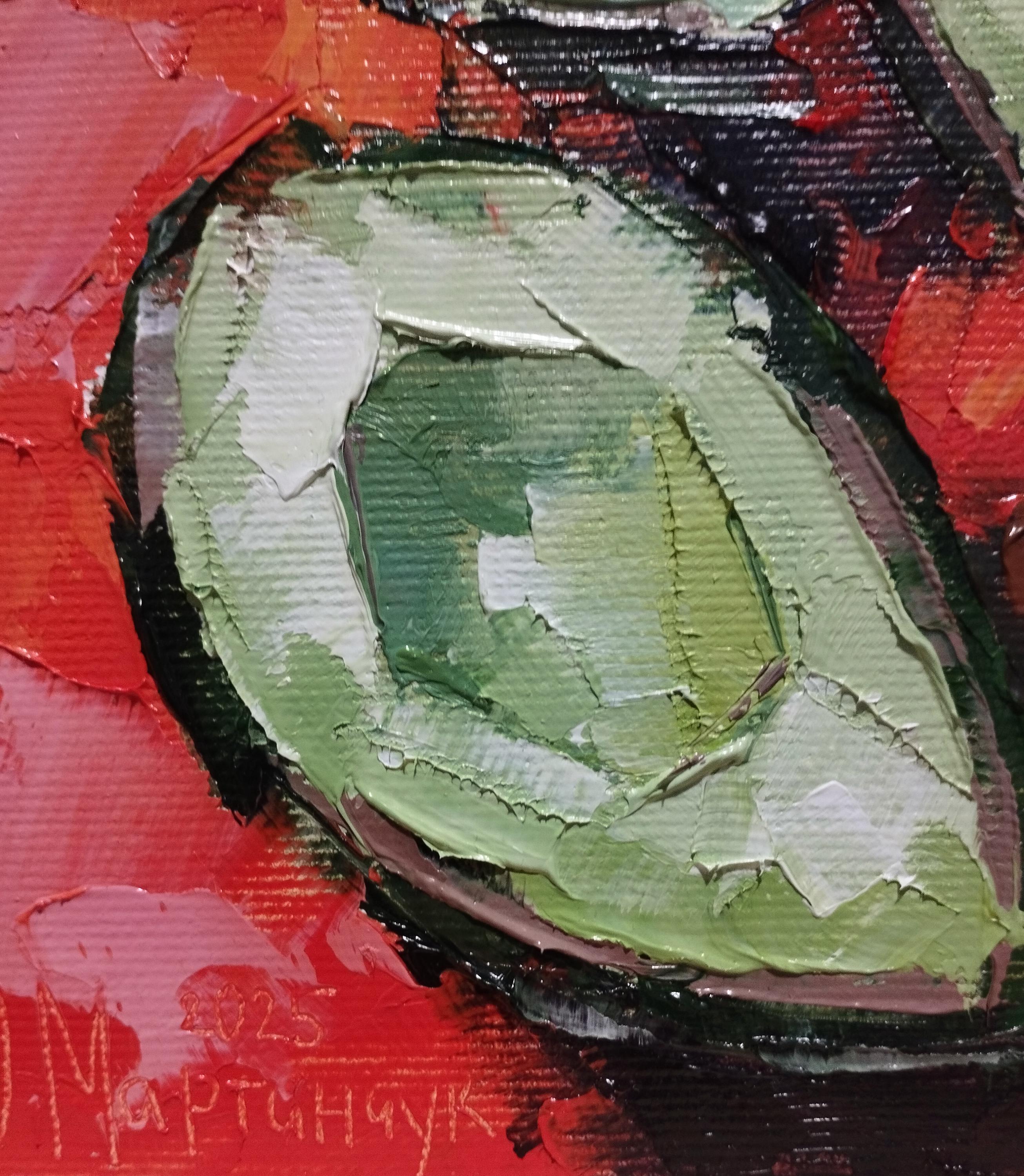 アボカドのオリジナル油絵。手作りのアボカドアート。印象派風のホーム