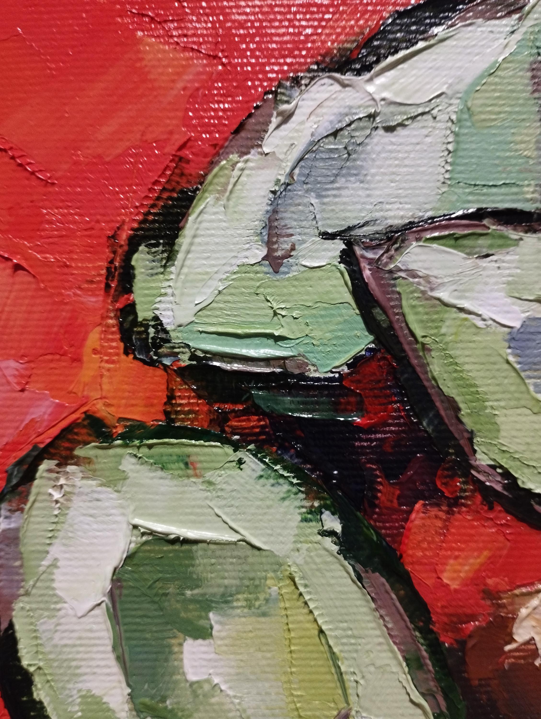 アボカド印象派油絵 No.7 –6x6、グリーンの質感のキッチンアート