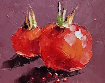 P. Cattana 油彩画 果物の静物画 ザクロ アンティーク ヴィンテージ ザクロの絵画 オリジナルアート フルーツ ザクロの油絵 厚塗り