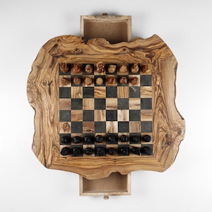Unique Handmade Olive Wood Chess Game Set with Storage, Vintage Personalized Chess Gifts, Gifts for Couples, Gifts for Boys, Chess for Kids