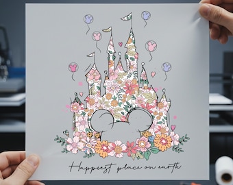 Disney Happiest Place On Earth DTF Transfer, Floral Magic Kingdom Castle Ready to Press