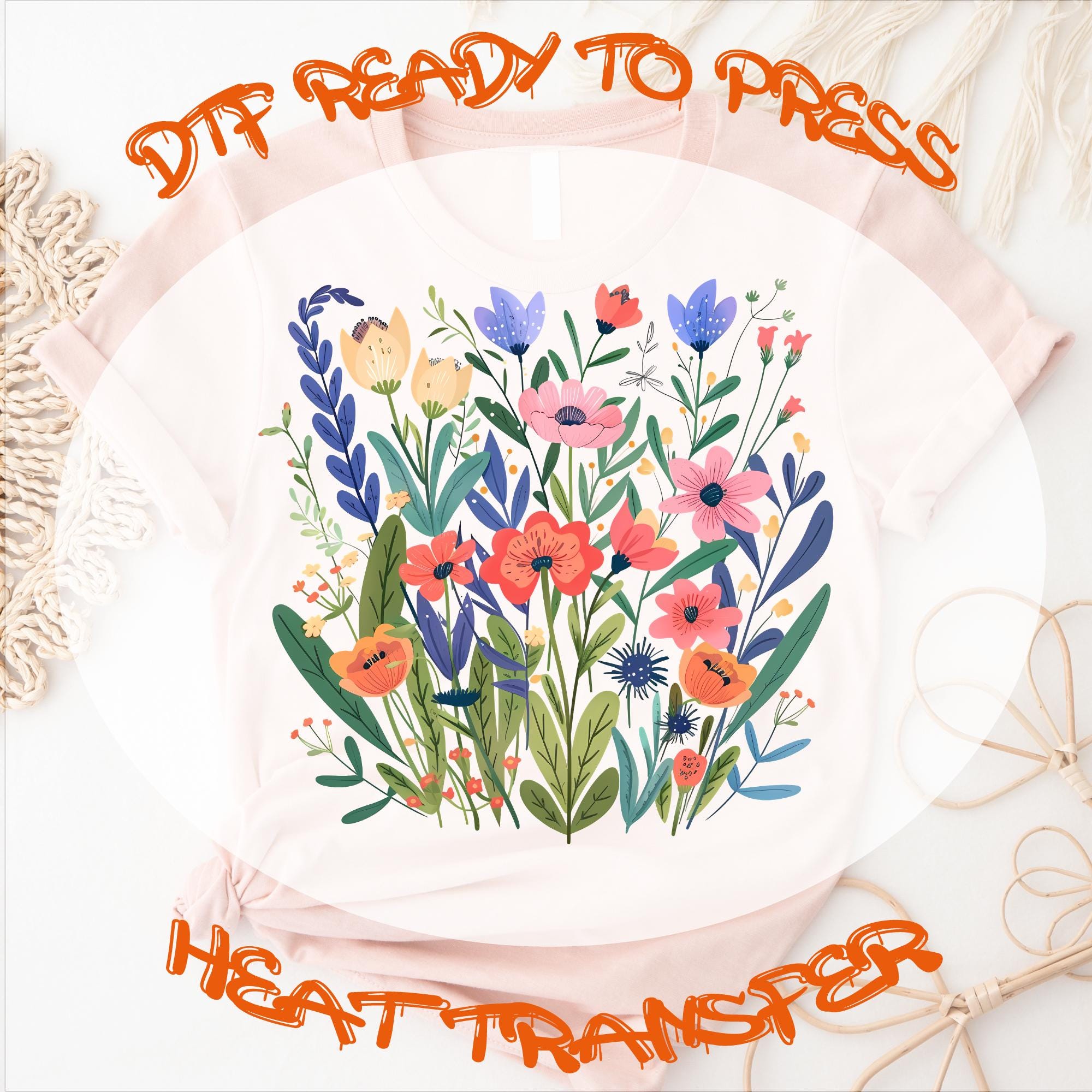 WildFlower Ready to Press DTF Transfers, Wildflower Design, Heat Press Transfer, Full Color, T-shirt Transfers, Boho Floral Transfers