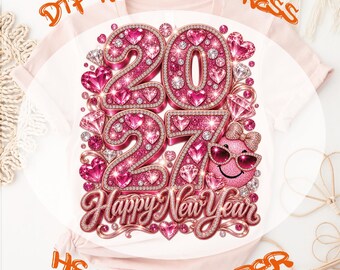 Pink Happy New Year 2027 DTF Transfer, Glitter Coquette Bow Christmas Ready To Press
