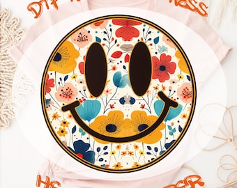 Retro Floral Smile Face DTF  Transfer, Wildflower Ready To Press