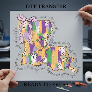Mardi Gras Louisiana Map DTF Transfer, Ready to Press Carnival Print
