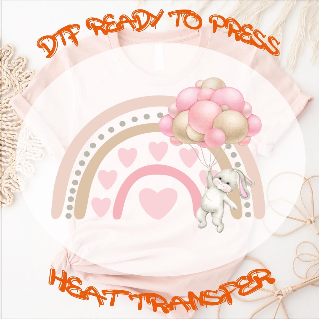 Rabbit With Balloon Dtf Transfer Ready to Press, Rabbit Rainbow Heat ...
