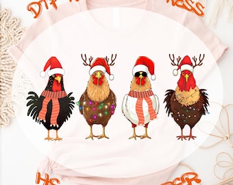 Chicken Christmas Lights Dtf Transfer, Cockerel Santa Hat Ready To Press