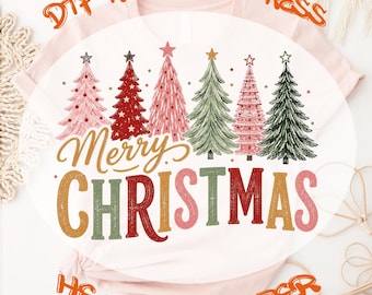 Merry Christmas Tree DTF Transfer, Xmas Ornament Holiday Bow Ready To Press
