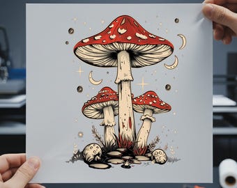 Vintage Celestial Mushroom DTF Transfer, Cottagecore Moon Stars Iron On, Mystical Botanical Shirt