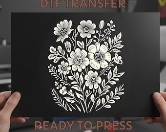 Vintage Wildflower Linocut DTF Transfer: Boho Floral Ready to Press, Iron On Decal for Shirts