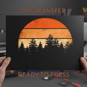 Retro Sunset Pine Trees DTF Transfer: Nature Scene Iron On Ready to Press Design