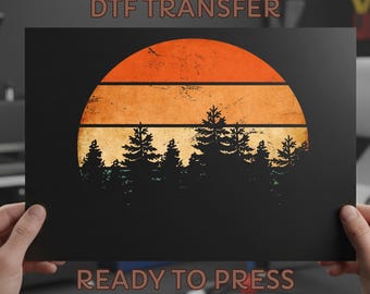 Retro Sunset Pine Trees DTF Transfer: Nature Scene Iron On Ready to Press Design