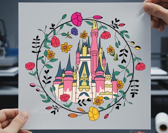 Floral Disney Castle DTF Transfer, Disneyland Magical Kingdom Trip Iron On, Ready to Press Disneyworld Shirt Print