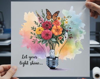 Let Your Light Shine DTF Transfer, Boho Floral Butterfly Ready To Press, Motivational Quote  Heat Transfer