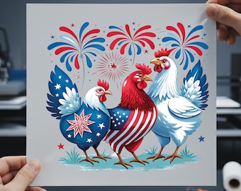 Patriotic Chicken DTF Transfer, 4th of July Farmhouse Heat Press Design, Ready to Press American Flag Rooster Iron On