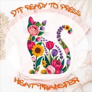 Floral Cat DTF Transfer: Iron On Heat Press Shirt Graphic