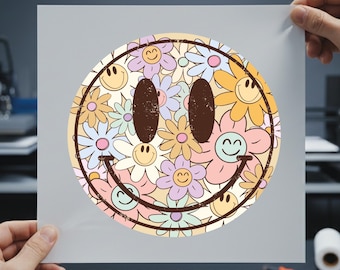 Retro Flower Smiley Face Ready to Press DTF Transfer, Pastel Daisy Happy Face Shirt Design