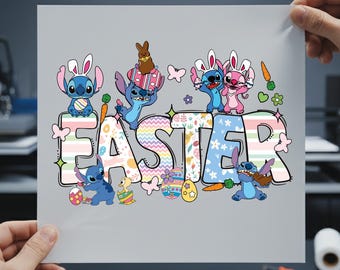 Stitch Easter DTF Transfer, Angel Bunny Ears Iron On, Cute Lilo Stitch Egg Hunt Shirt