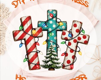 Light Christmas Cross DTF Transfer: Colorful Christian Holiday Ready to Press