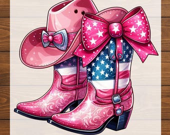 Pink Western Boots DTF Transfer: Patriotic Cowgirl Iron On, 4th Of July Ready to Press