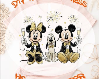 Disney New Year DTF Transfer, Mickey Minnie Gold NYE 2026 Celebration Ready to Press