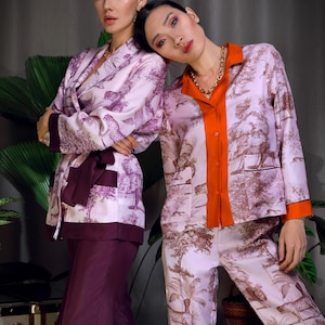 Real Silk pants, Patterned Twill Silk trousers, Quality resort wear, 100% Silk Clothing
