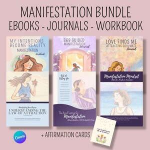 Può includere: Un pacchetto di manifestazione con tre copertine digitali verticali intitolate My Intentions Become Reality, 369 Guided Manifestation Journal e Love Finds Me, insieme a una piccola carta rettangolare con il testo I am manifesting the life of my dreams.