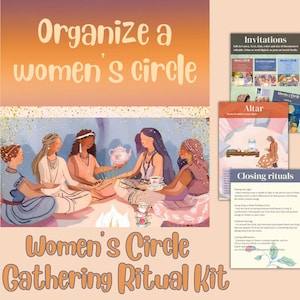 Puede incluir: Ilustración de cinco mujeres sentadas en círculo, con una tetera y tazas. El texto "Organiza un círculo de mujeres" está en la parte superior, y "Kit de ritual de reunión del círculo de mujeres" en la parte inferior. También hay imágenes de invitaciones, un altar y rituales de cierre.