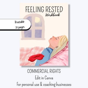 Op de afbeelding: Een Feeling Rested Workbook-omslag met een blond persoon die in bed slaapt met een rood slaapmasker, een roze kussen en een geruite deken. De illustratie bevat een raam met een maan. Tekst: Printable 31 pages, COMMERCIAL RIGHTS, Edit in Canva, For personal use & coaching businesses.