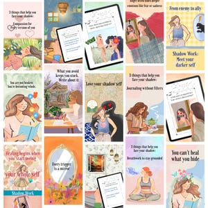 May include: A digital collage of fifteen vertical panels featuring illustrated scenes and text related to shadow work. The panels include depictions of people journaling, meditating, looking into mirrors, and interacting with shadowy figures, accompanied by motivational text.